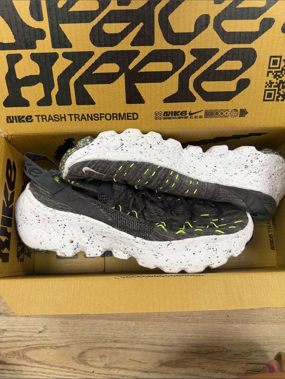 Nike Men Space Hippie Sneakers with White Speckled Crater Foam and Neon Accents